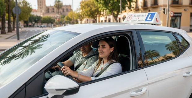 Coche de autoescuela en Sevilla con alumno aprendiendo a conducir y el instructor.